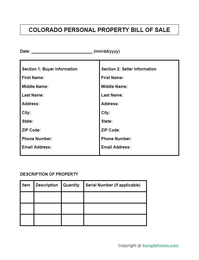 colorado personal property bill of sale form