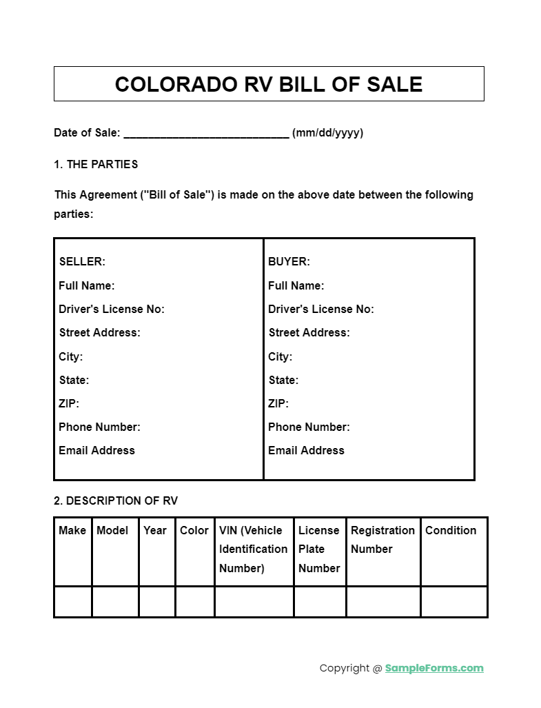 colorado rv bill of sale form