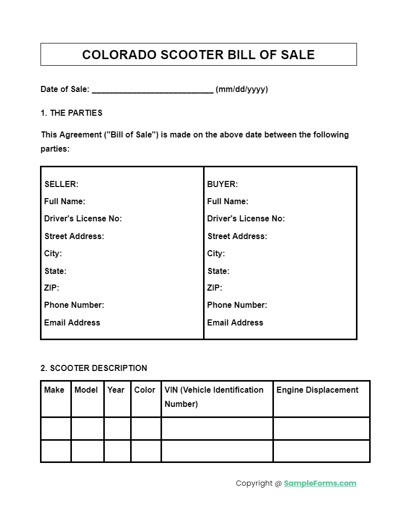 colorado scooter bill of sale form