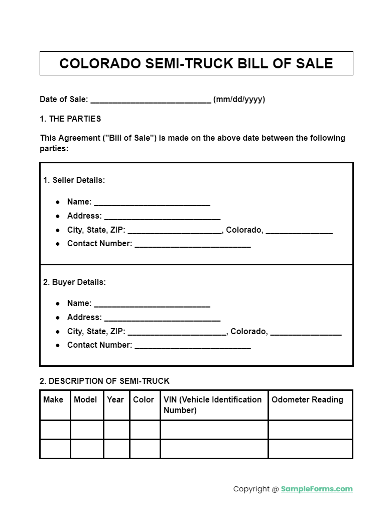 colorado semi truck bill of sale form