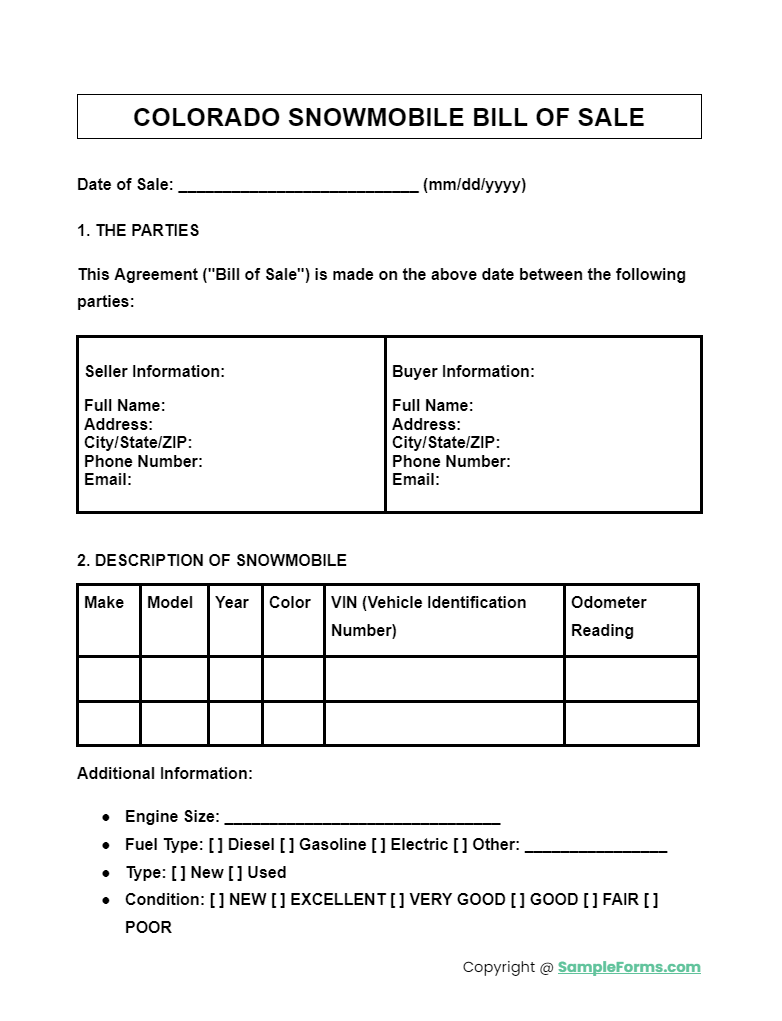 colorado snowmobile bill of sale form