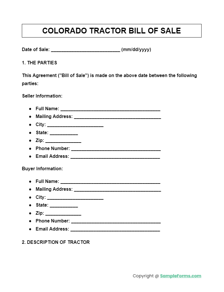 colorado tractor bill of sale form