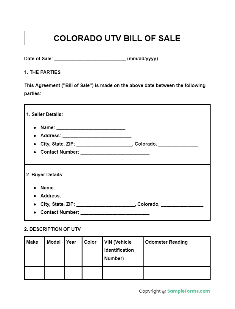 colorado utv bill of sale form