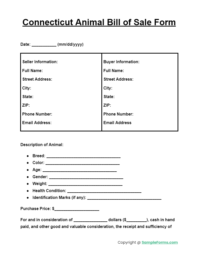 connecticut animal bill of sale form