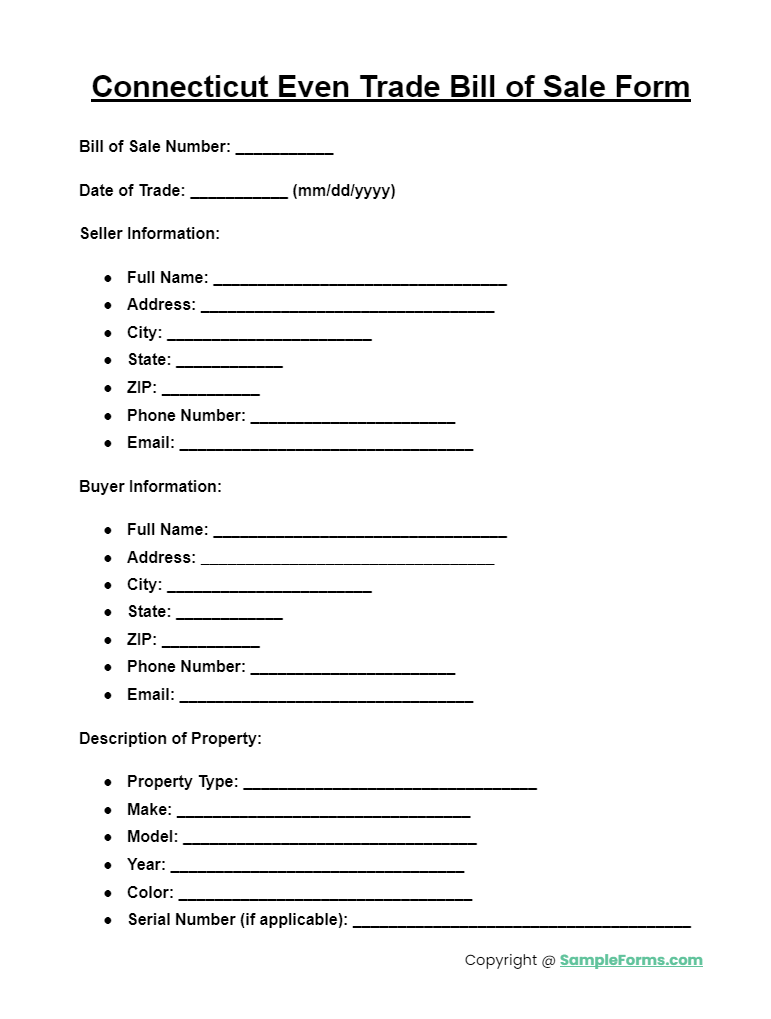 connecticut even trade bill of sale form