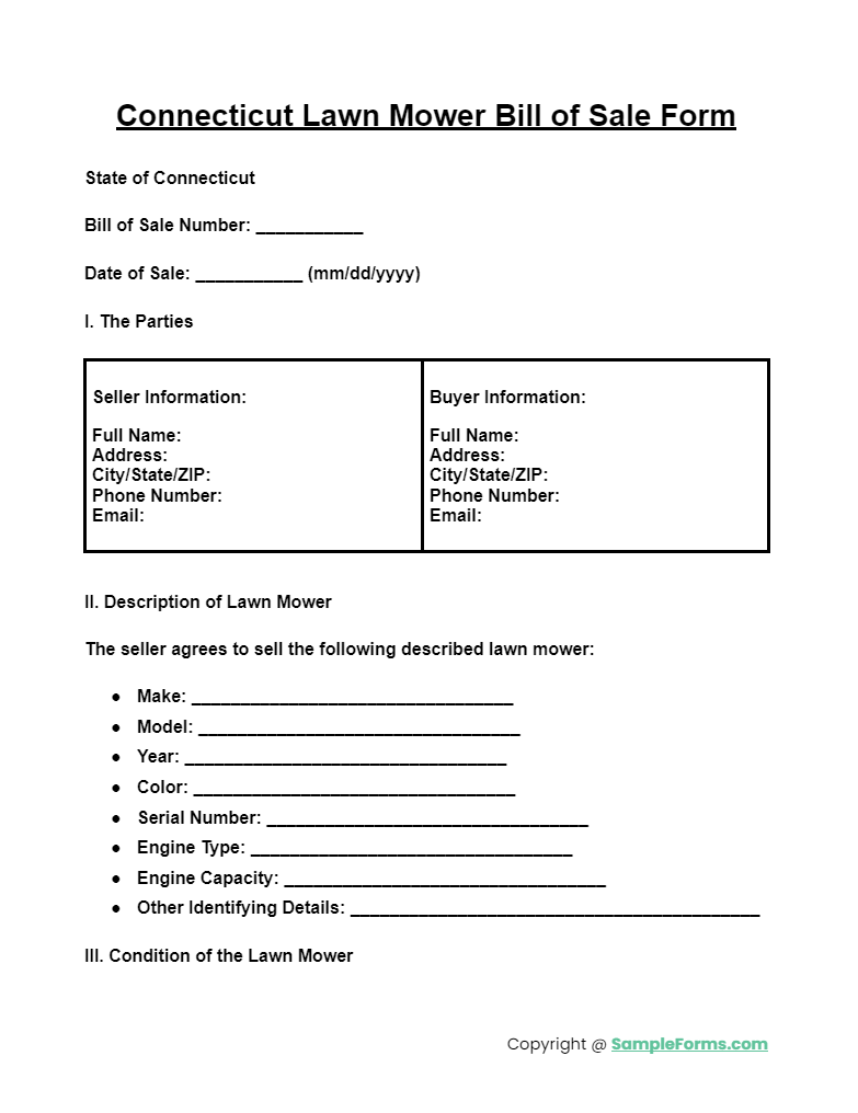 connecticut lawn mower bill of sale form