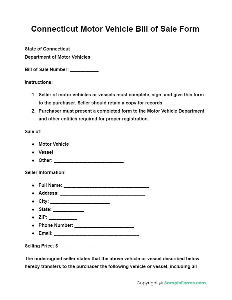 connecticut motor vehicle bill of sale form