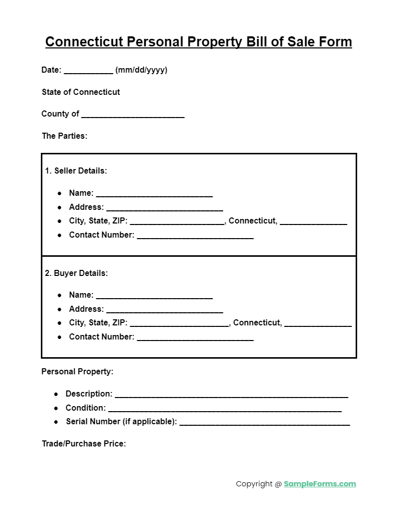 connecticut personal property bill of sale form