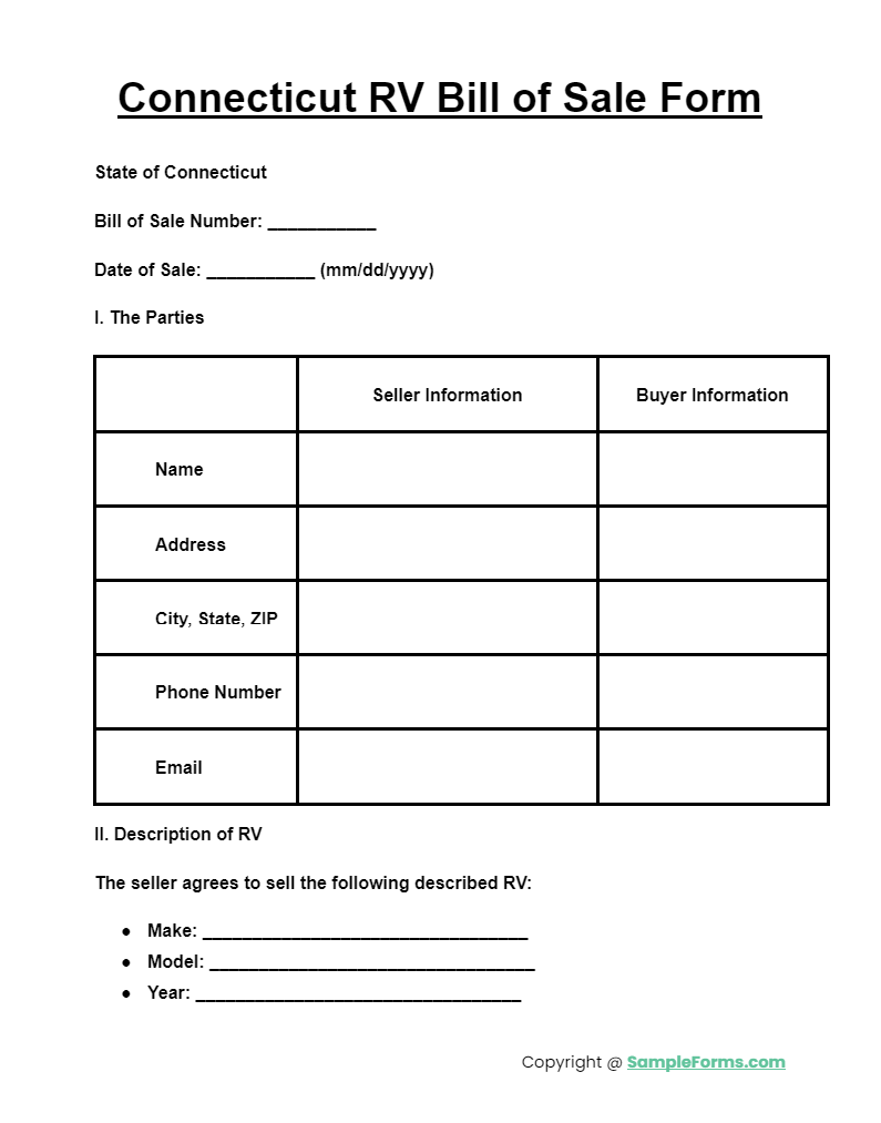 connecticut rv bill of sale form