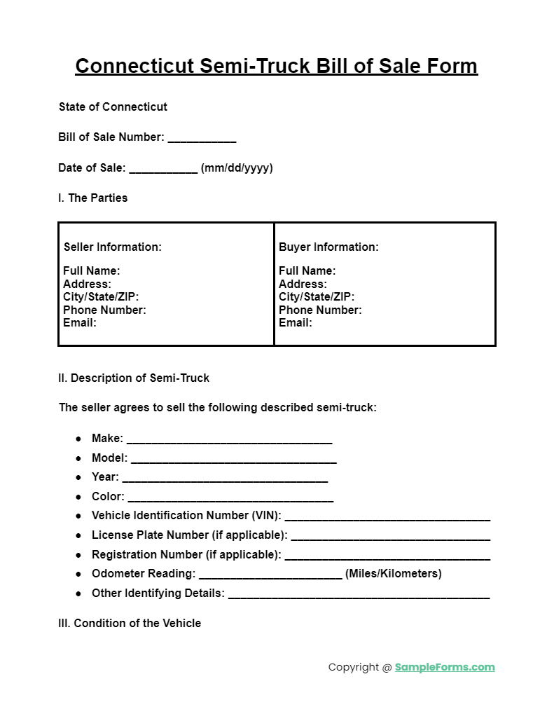 connecticut semi truck bill of sale form