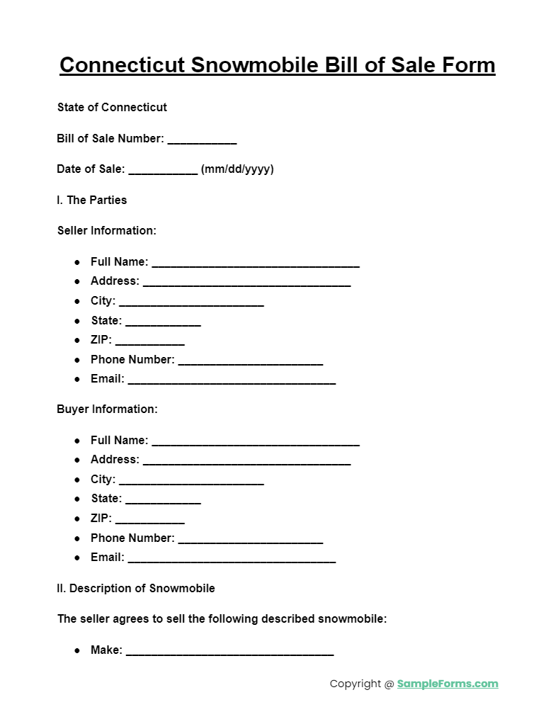 connecticut snowmobile bill of sale form