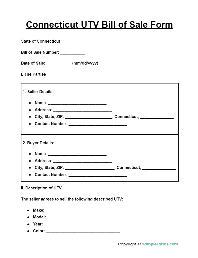 connecticut utv bill of sale form