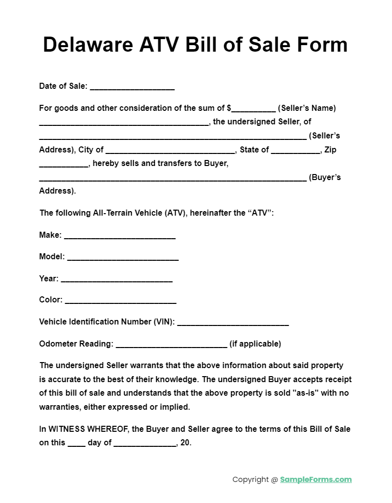 delaware atv bill of sale form