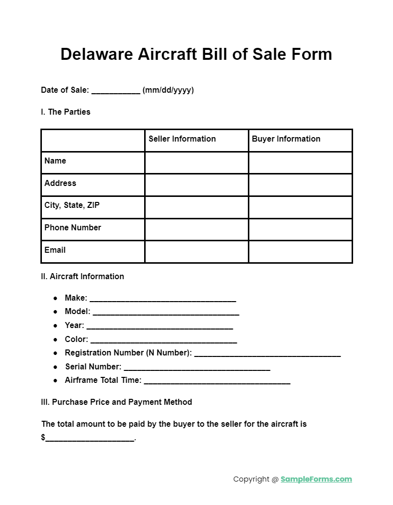 delaware aircraft bill of sale form