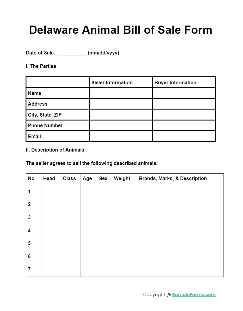 delaware animal bill of sale form