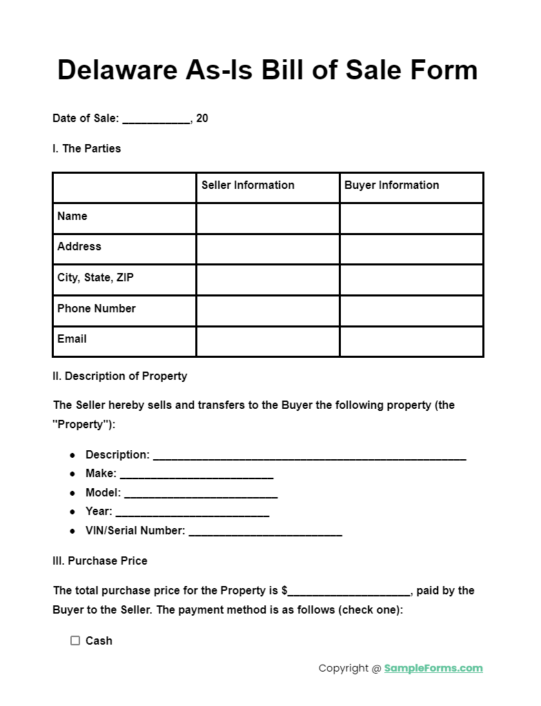 delaware as is bill of sale form