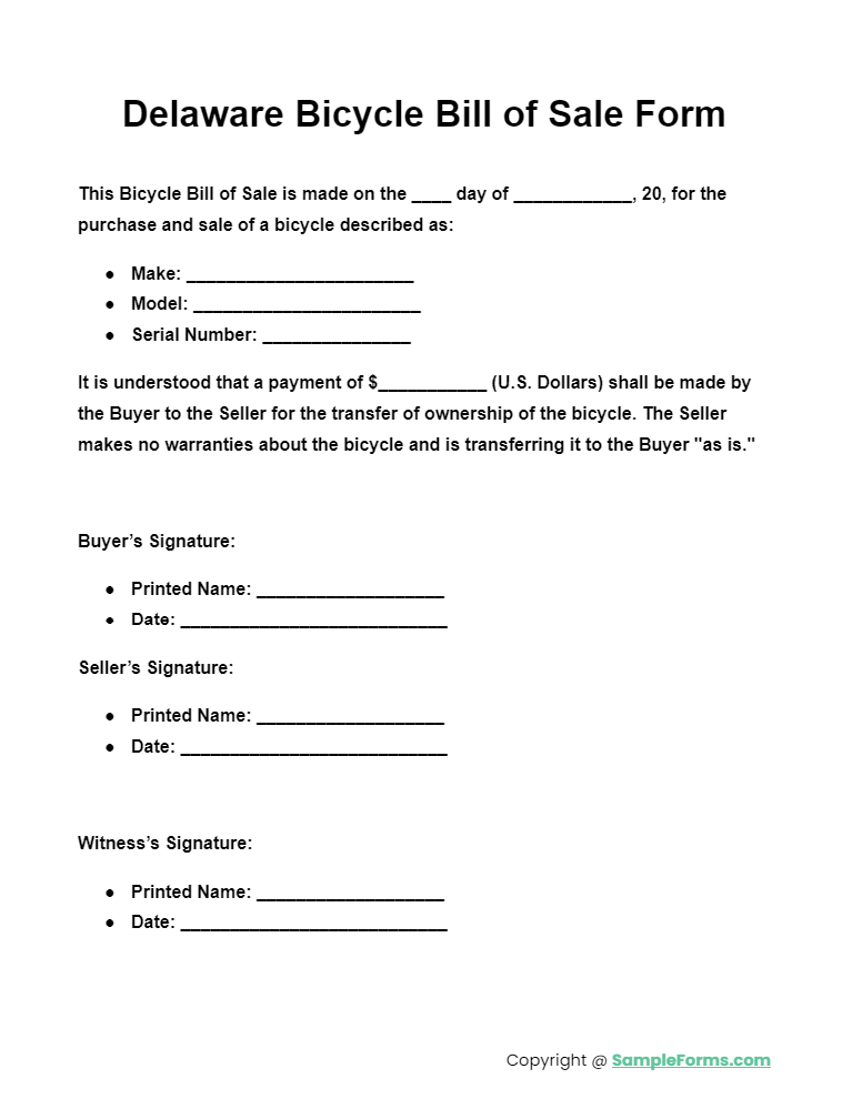 delaware bicycle bill of sale form