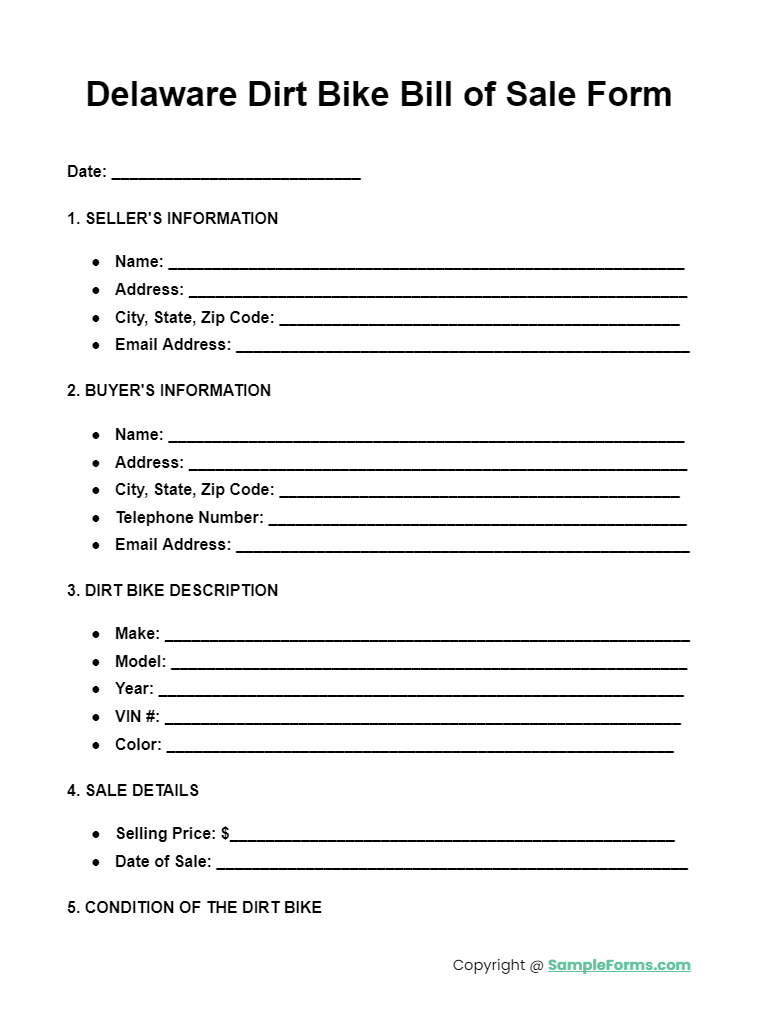 delaware dirt bike bill of sale form