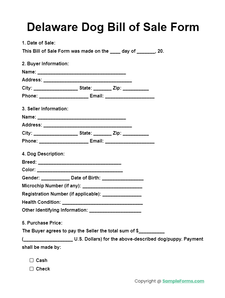 delaware dog bill of sale form