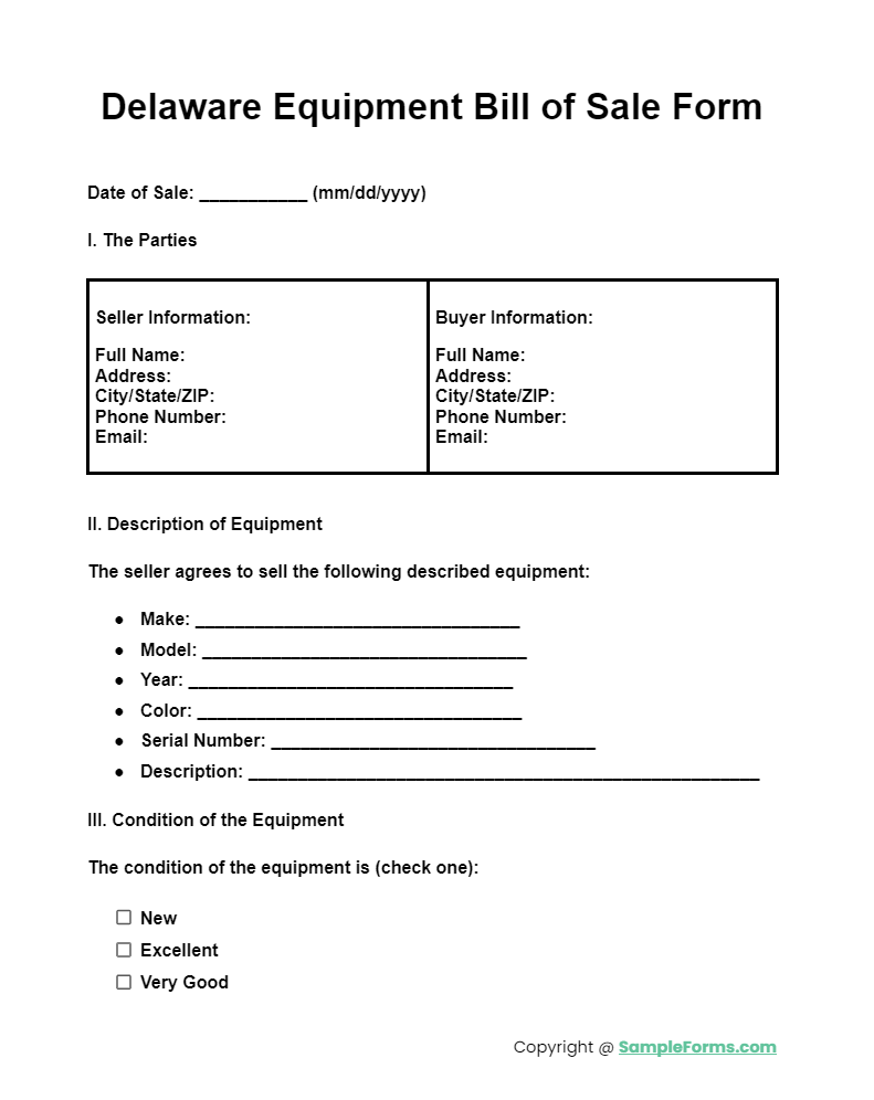 delaware equipment bill of sale form