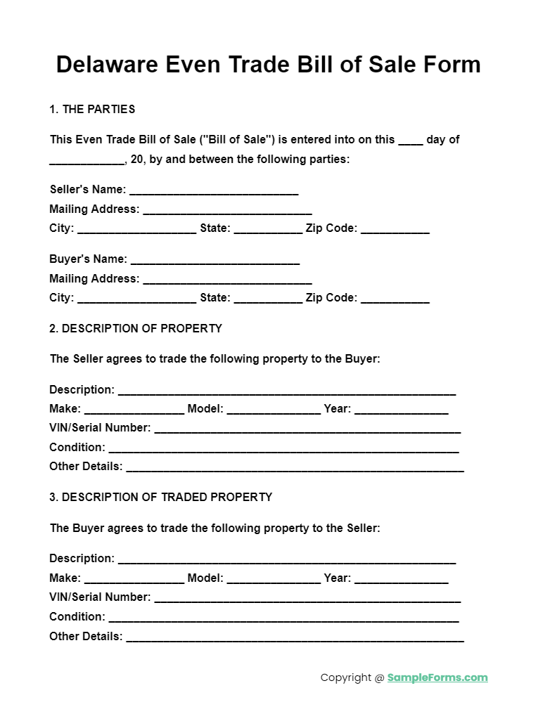 delaware even trade bill of sale form