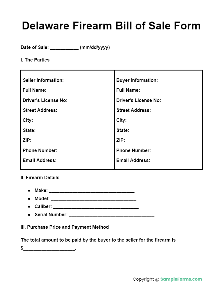 delaware firearm bill of sale form