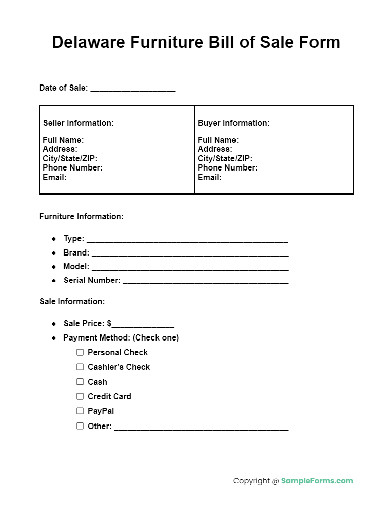 delaware furniture bill of sale form