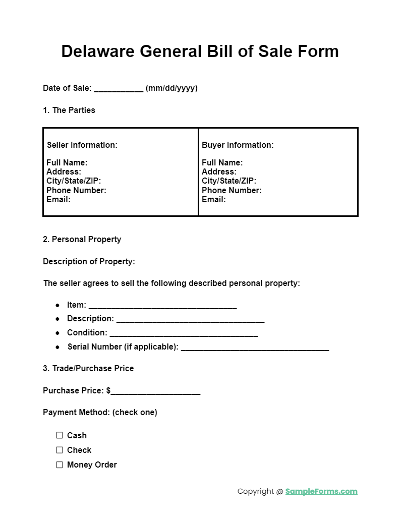 delaware general bill of sale form