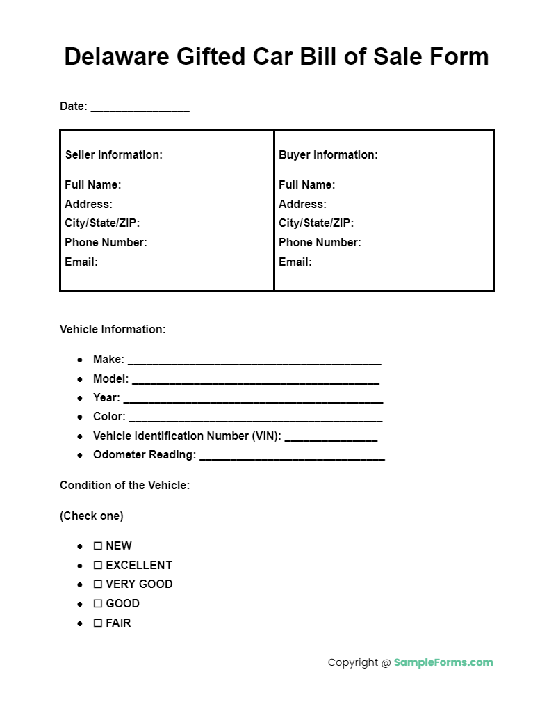 delaware gifted car bill of sale form