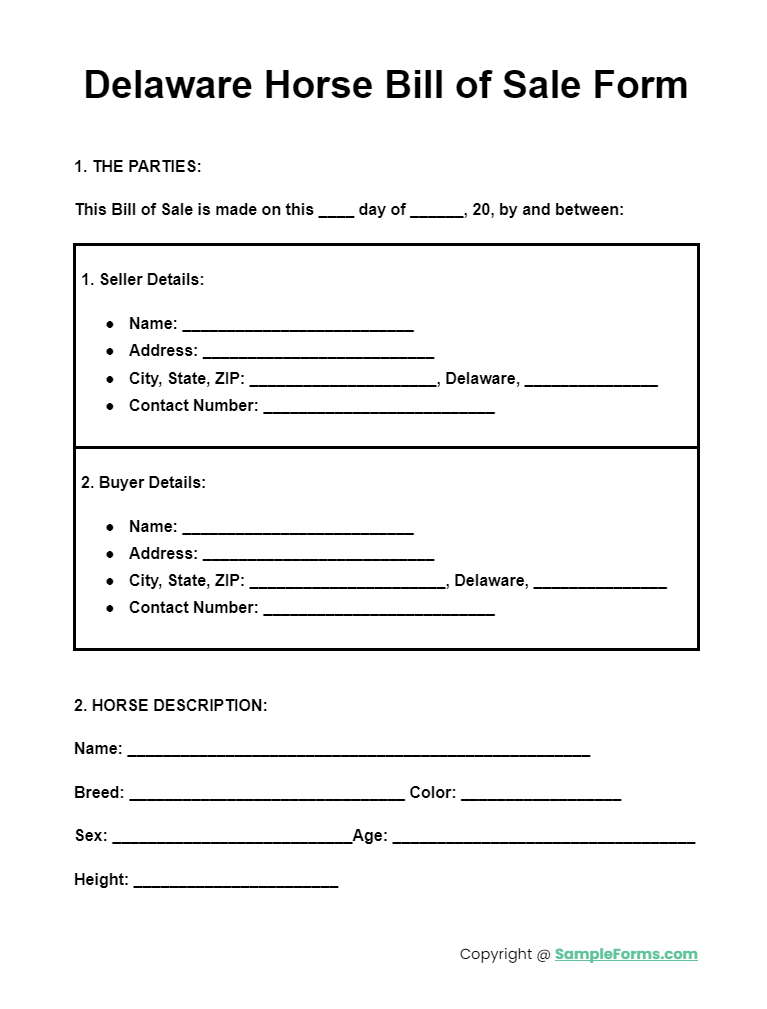 delaware horse bill of sale form