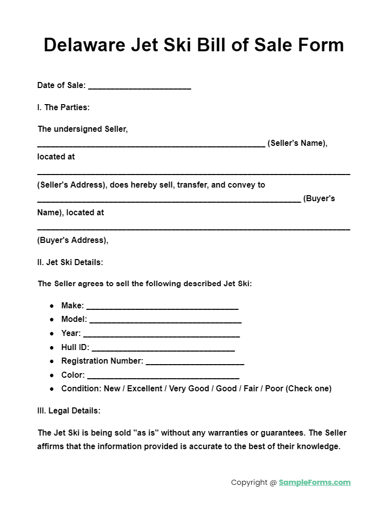 delaware jet ski bill of sale form