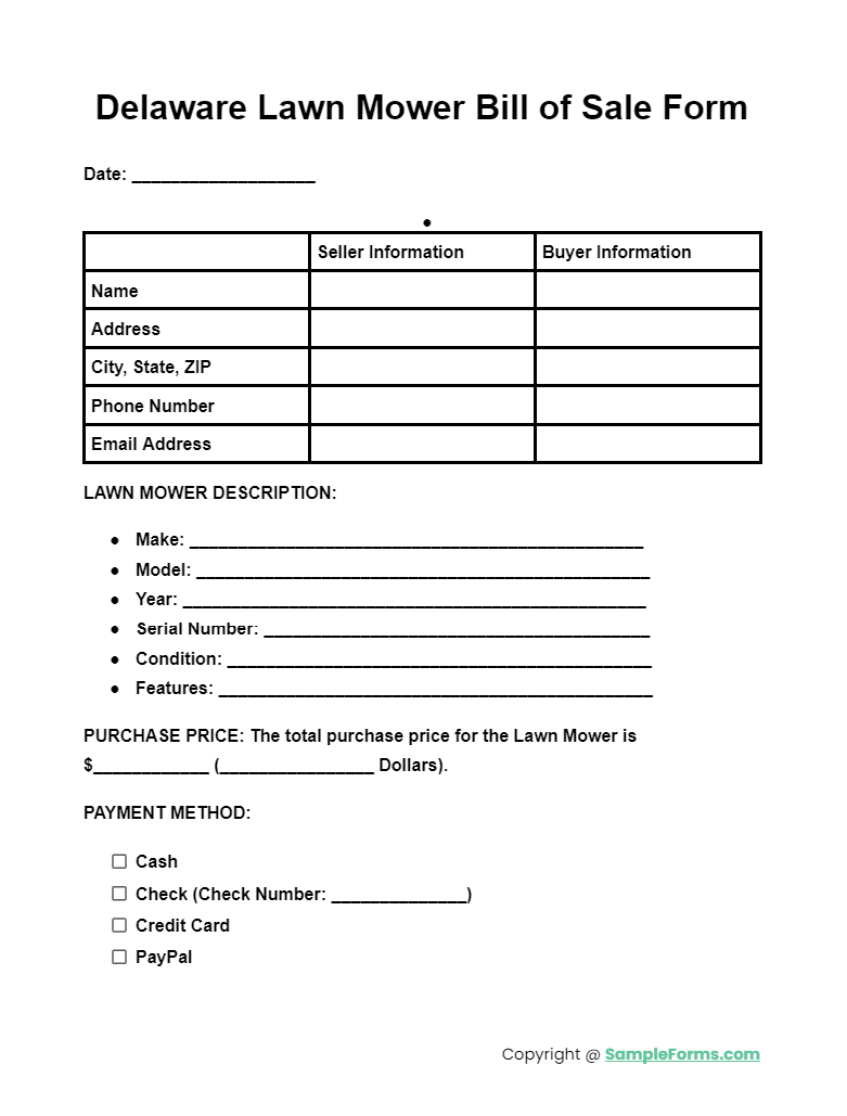 delaware lawn mower bill of sale form