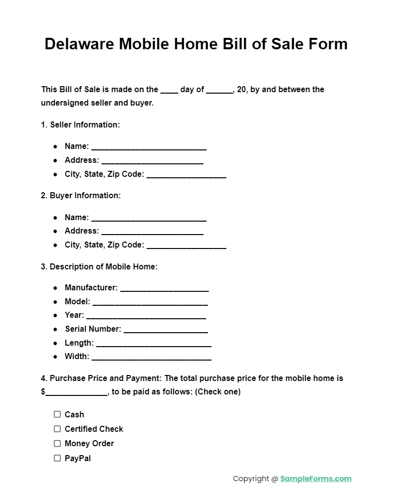 delaware mobile home bill of sale form