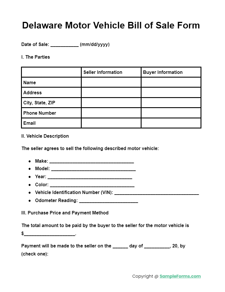 delaware motor vehicle bill of sale form