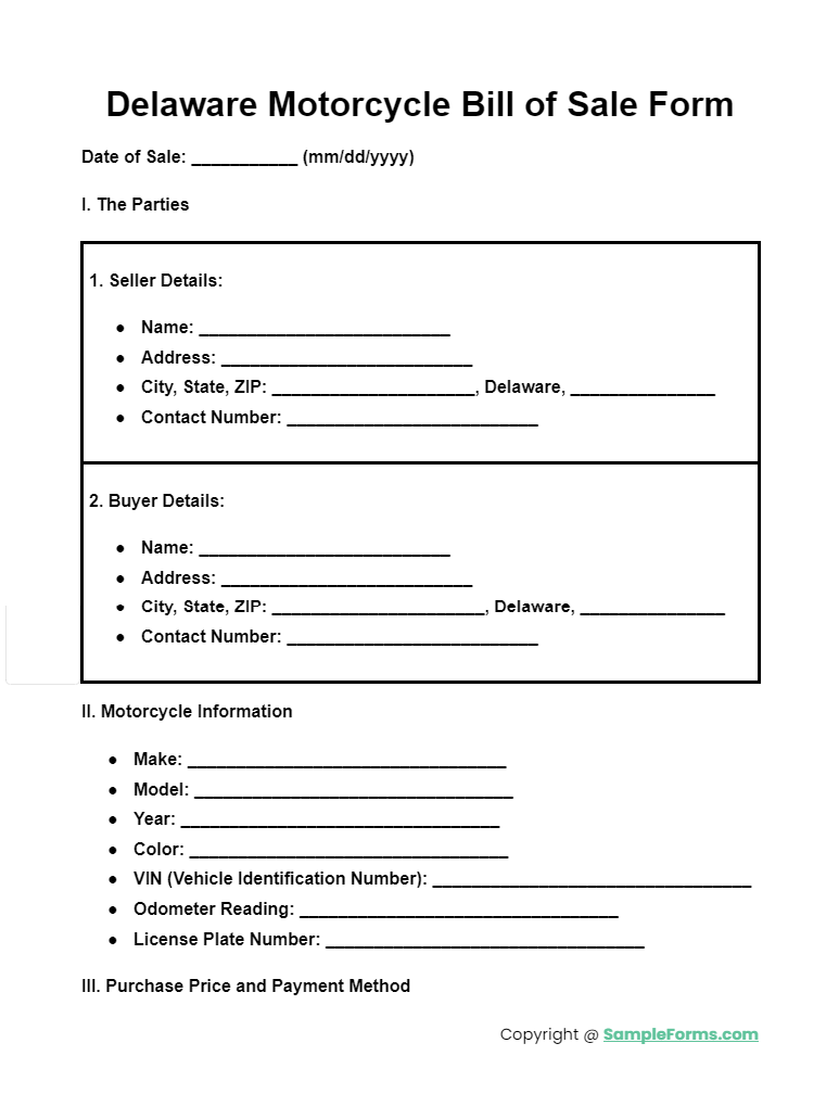 delaware motorcycle bill of sale form