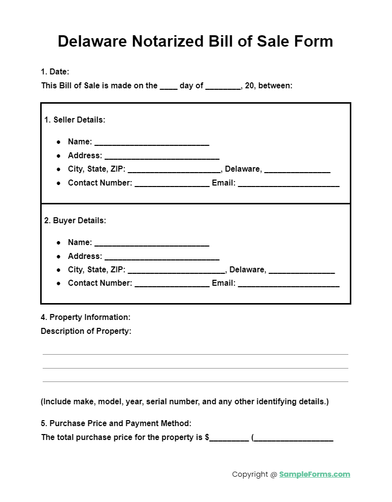 delaware notarized bill of sale form