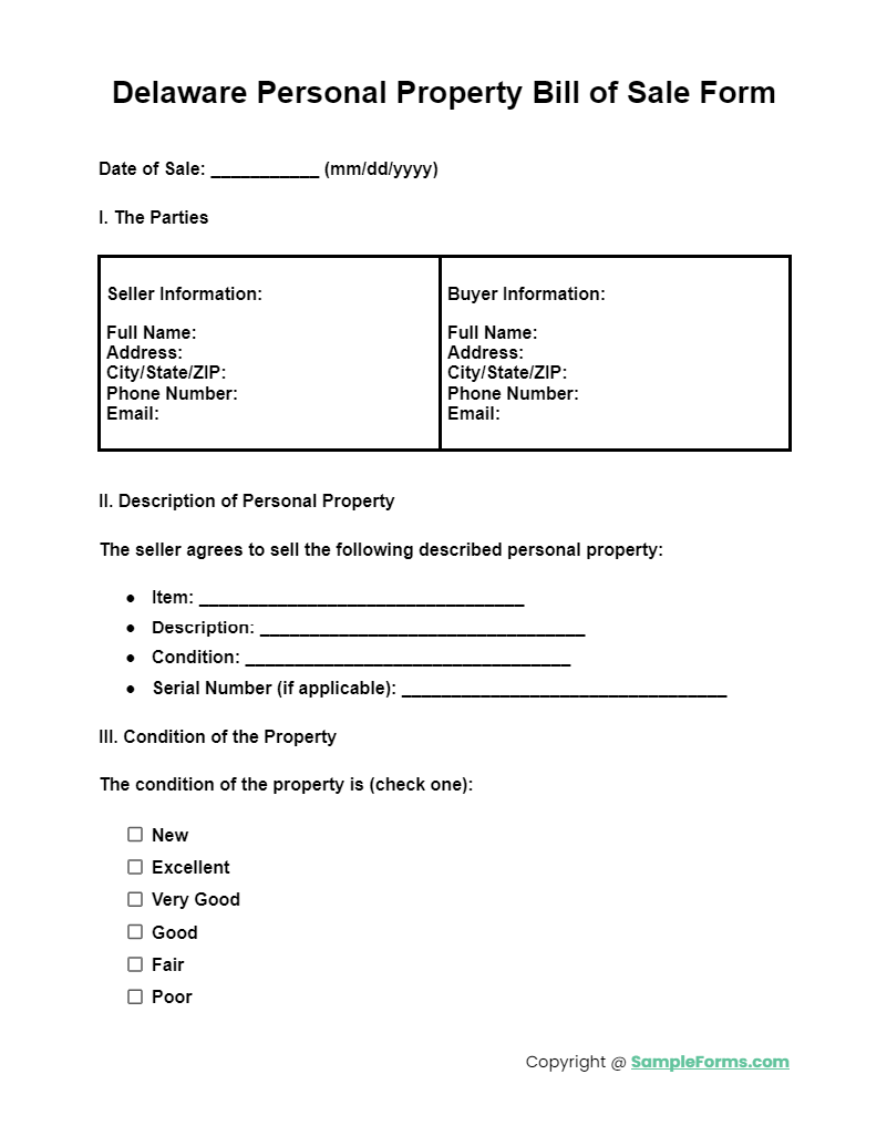 delaware personal property bill of sale form