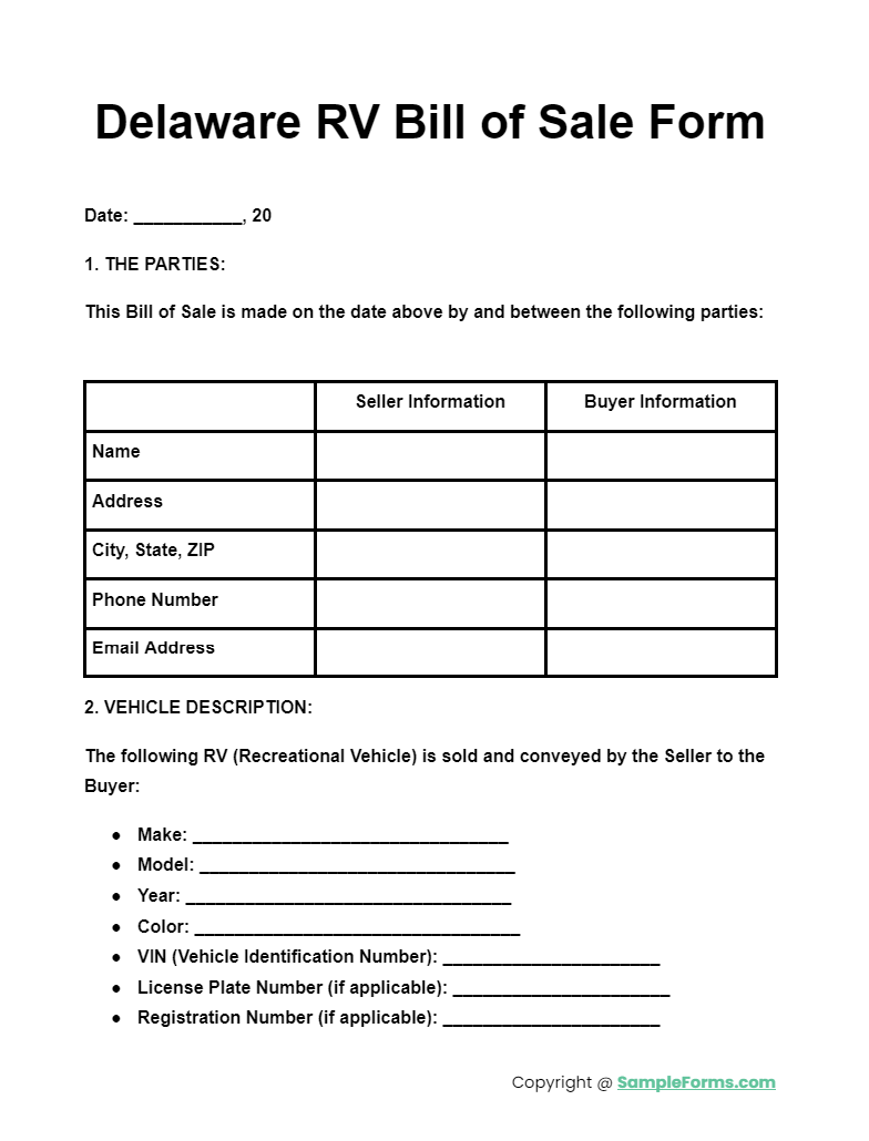 delaware rv bill of sale form