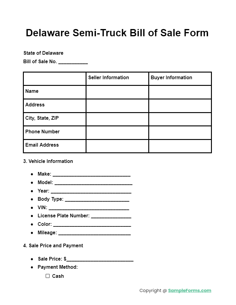 delaware semi truck bill of sale form