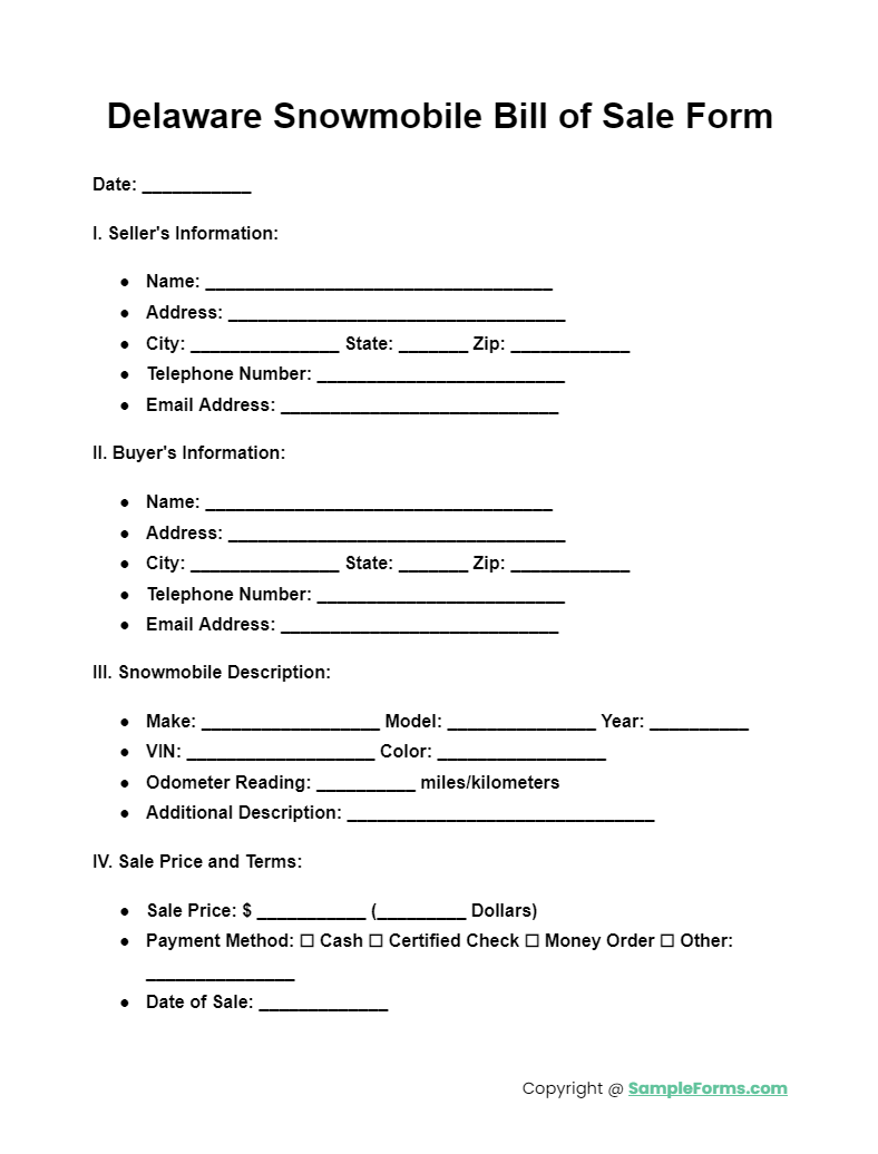 delaware snowmobile bill of sale form