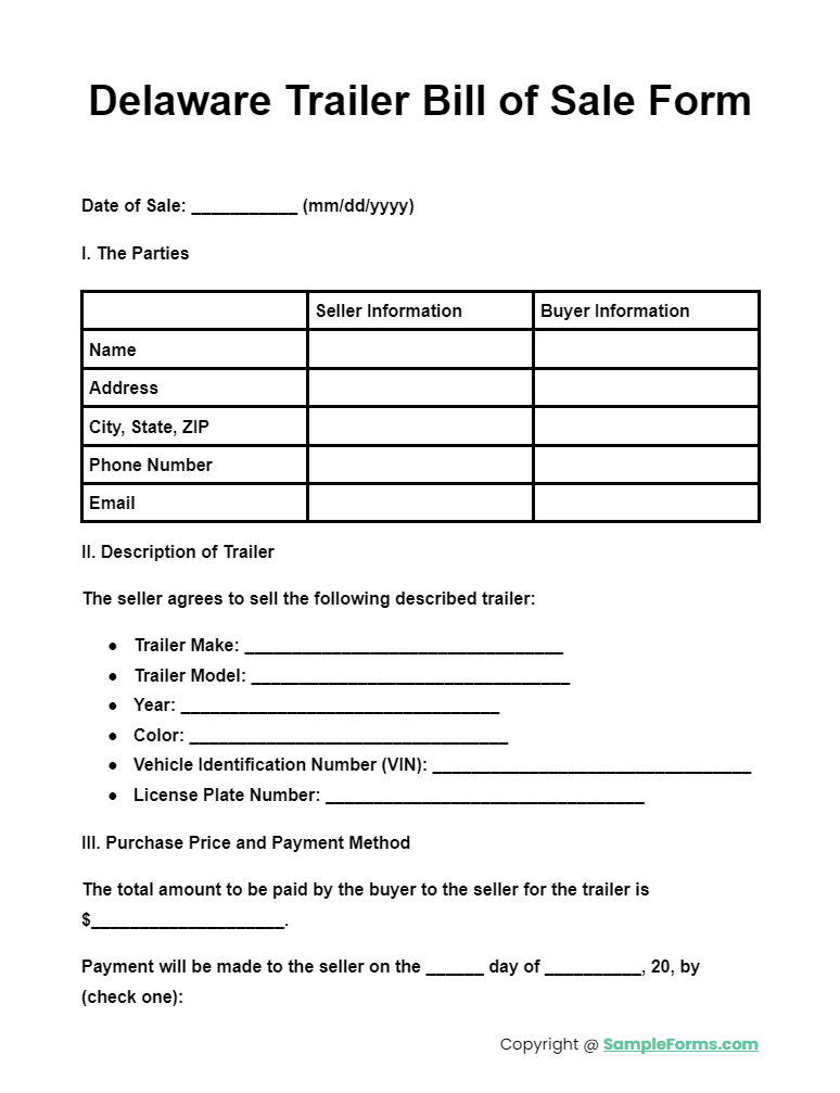 delaware trailer bill of sale form