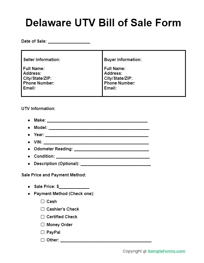 delaware utv bill of sale form