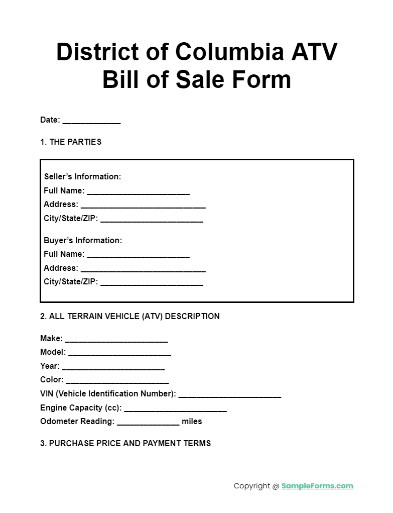 district of columbia atv bill of sale form