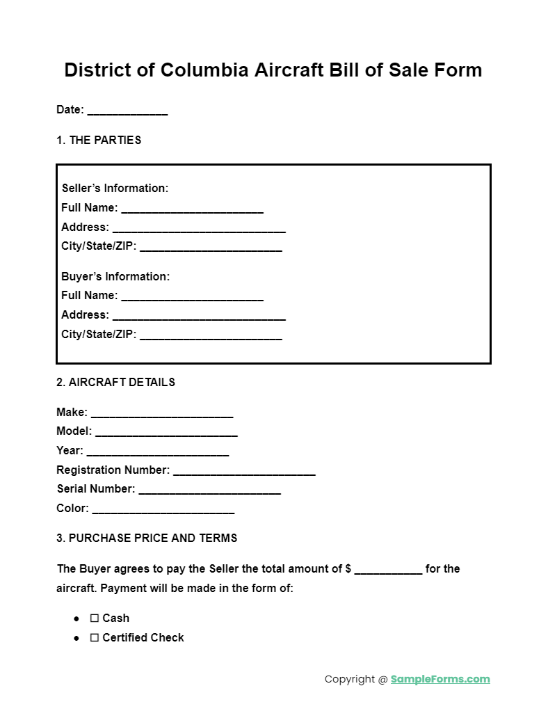 district of columbia aircraft bill of sale form