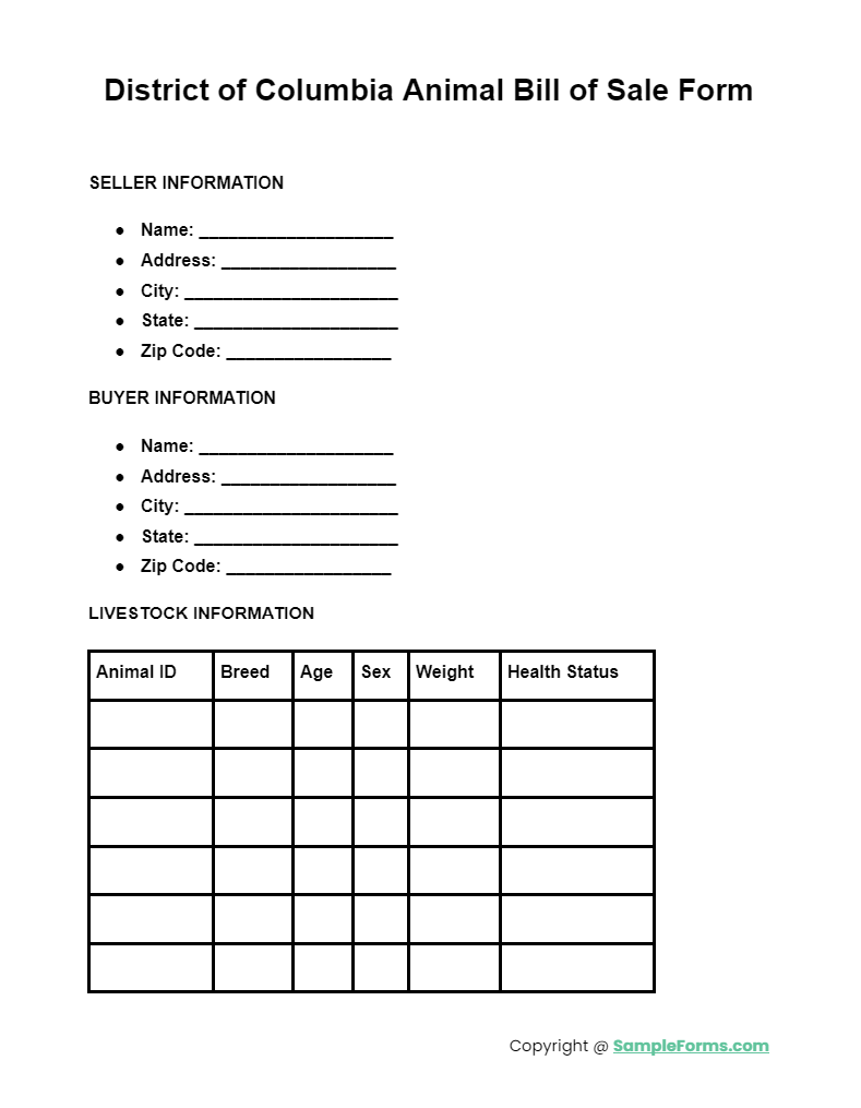 district of columbia animal bill of sale form