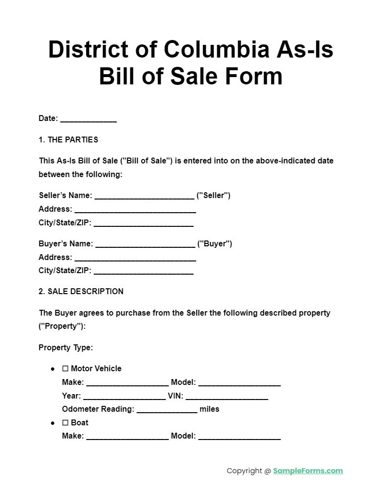 district of columbia as is bill of sale form