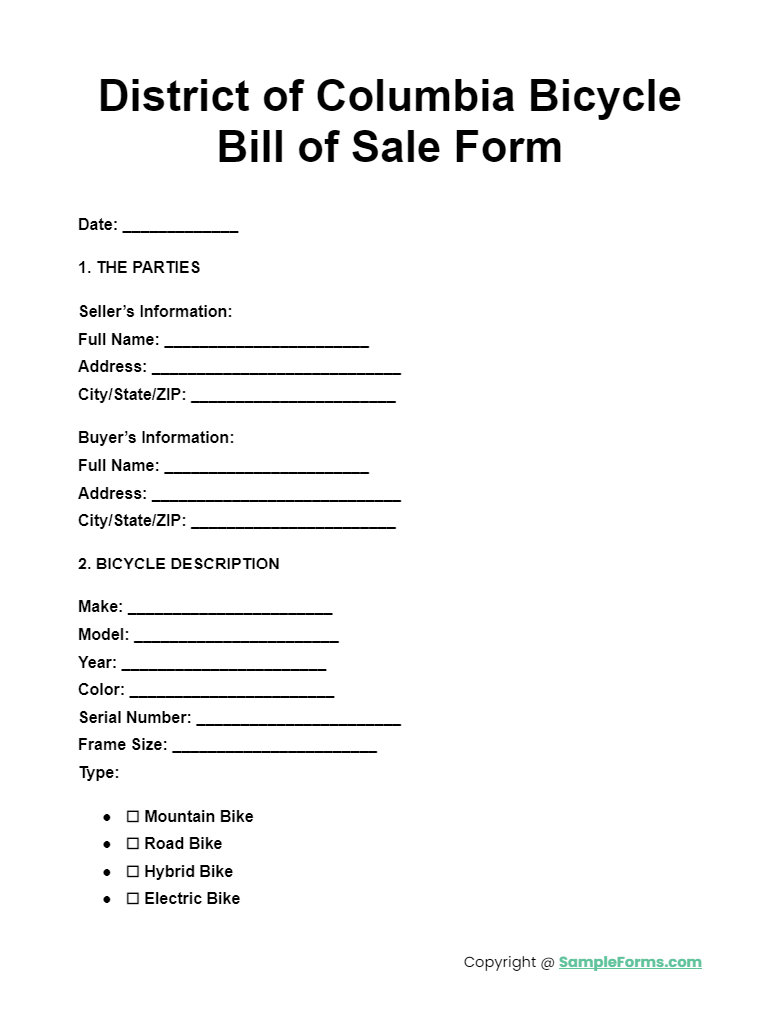 district of columbia bicycle bill of sale form