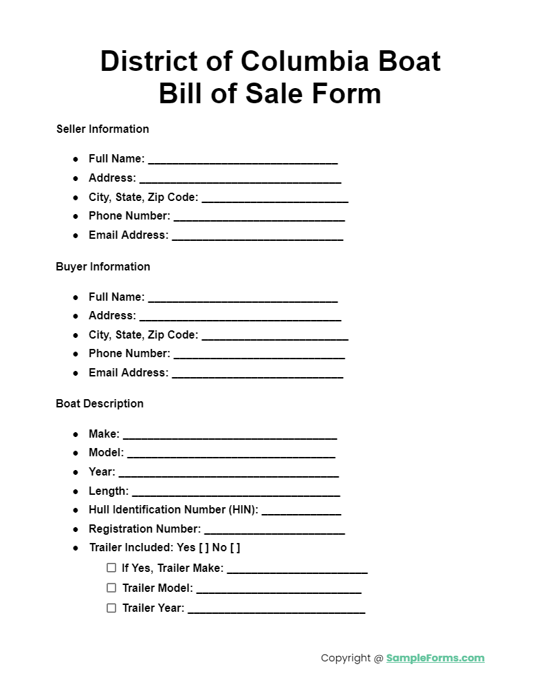 district of columbia boat bill of sale form