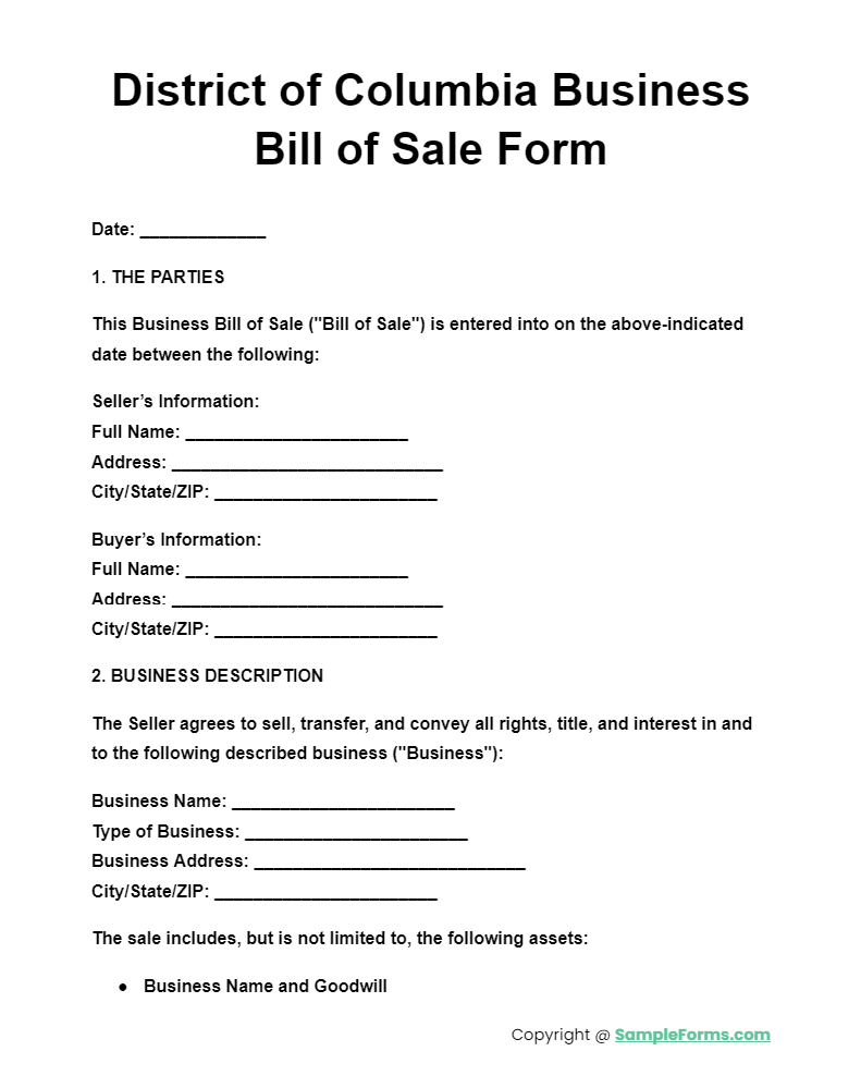 district of columbia business bill of sale form