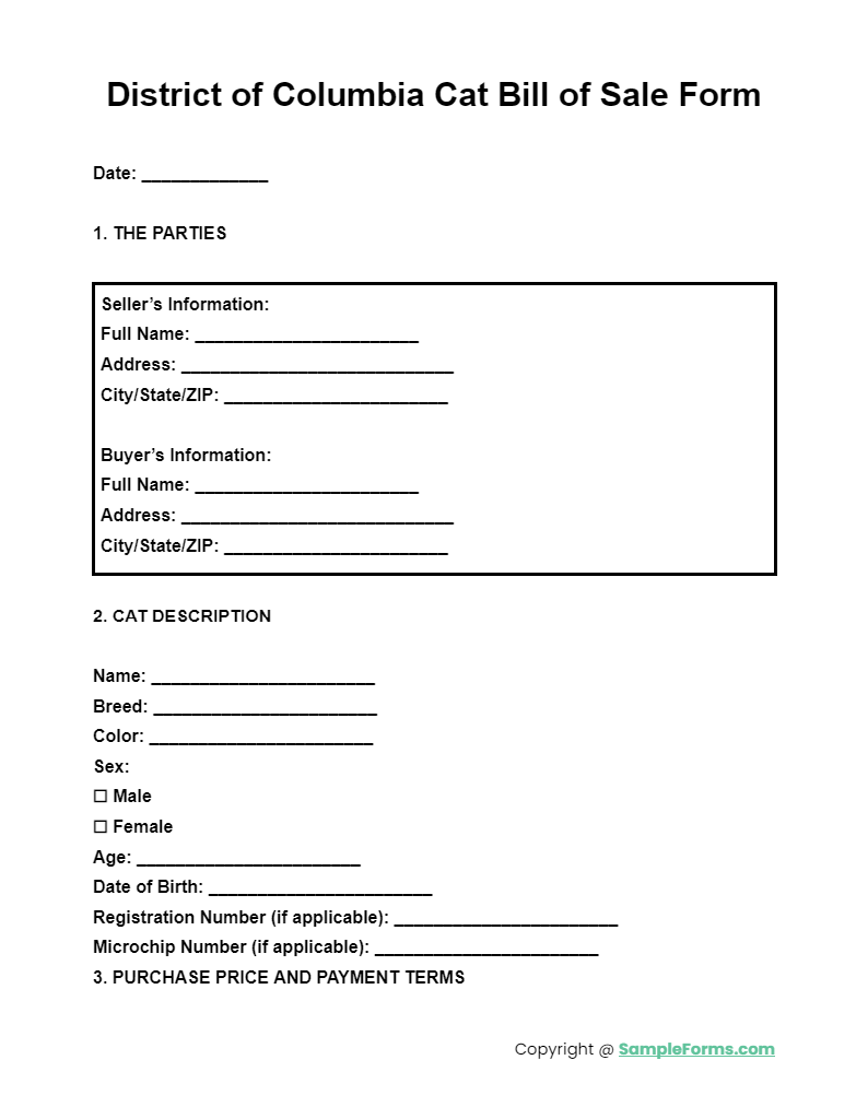 district of columbia cat bill of sale form